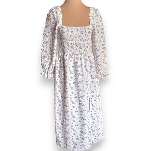 HOUSE OF HARLOW 1960 Smocked linen blend floral midi dress white blue size L